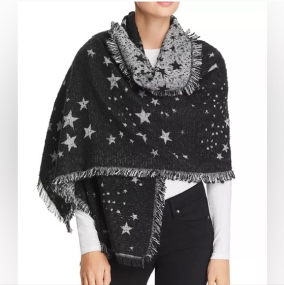 REBECCA MINKOFF METALLIC SILVER INTARSIA BOUCLE BLACK BLANKET SCARF SHAWL WOMEN - Picture 1 of 15